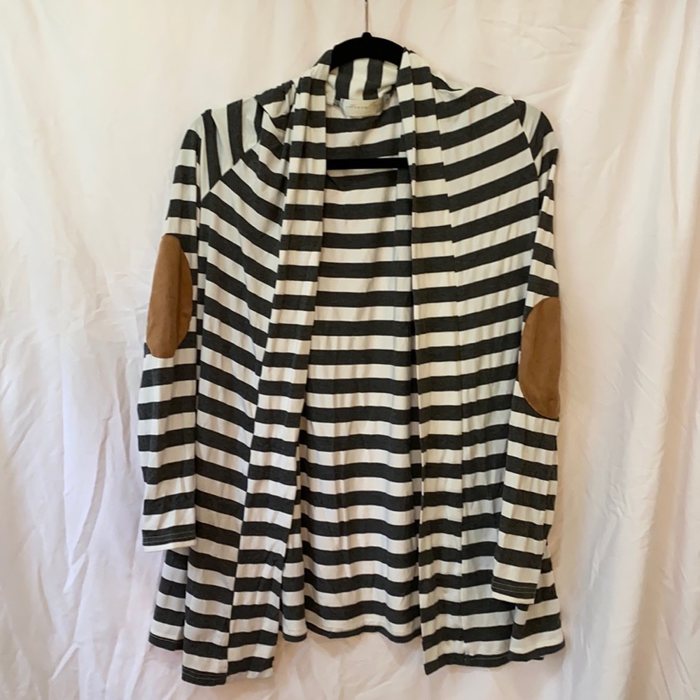 Gray striped cardigan brown elbow accent